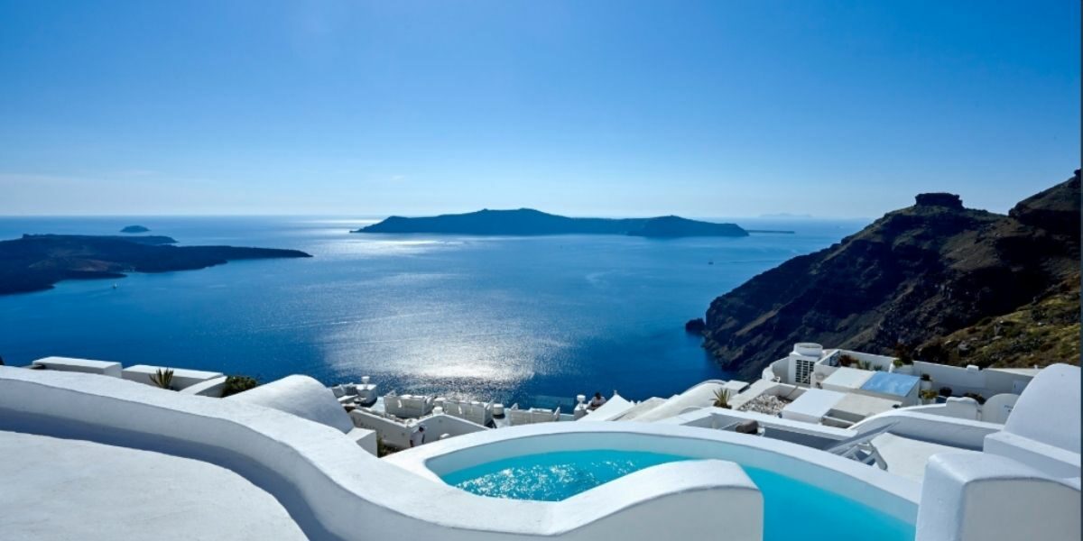 View over clear blue water in Santorini