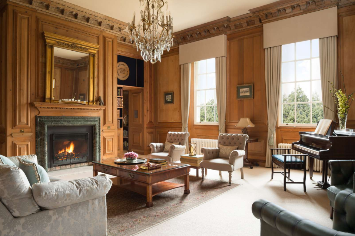 Candacraig grand reception room with roaring fire